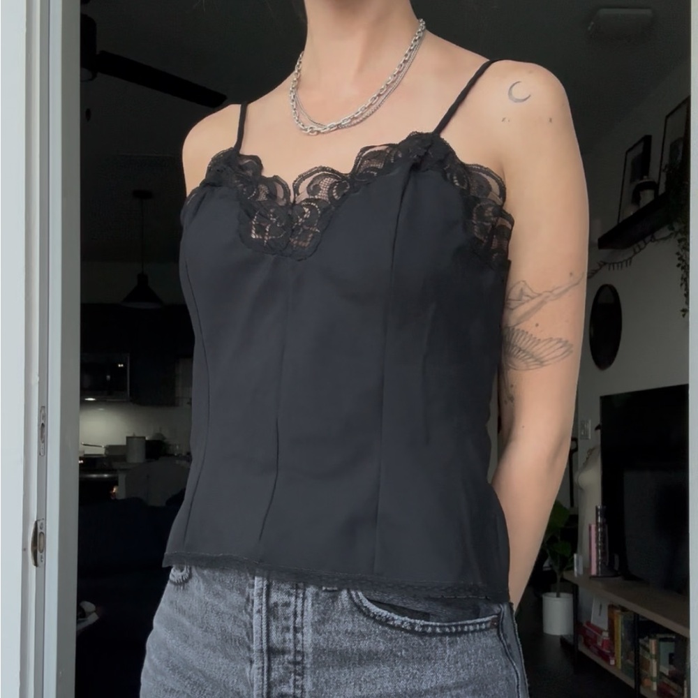 Vintage 70s Black Lace Trim Cami Top